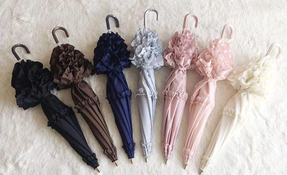 Lolita classic parasol in two-fold compact mode showing portability and travel-friendly folded length measurement