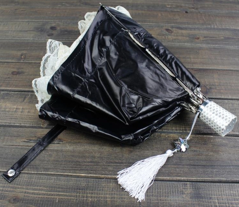 Comparison view of two-fold and three-fold lolita parasol folding styles demonstrating portability options, compact storage sizes for lolita meetups and outdoor events