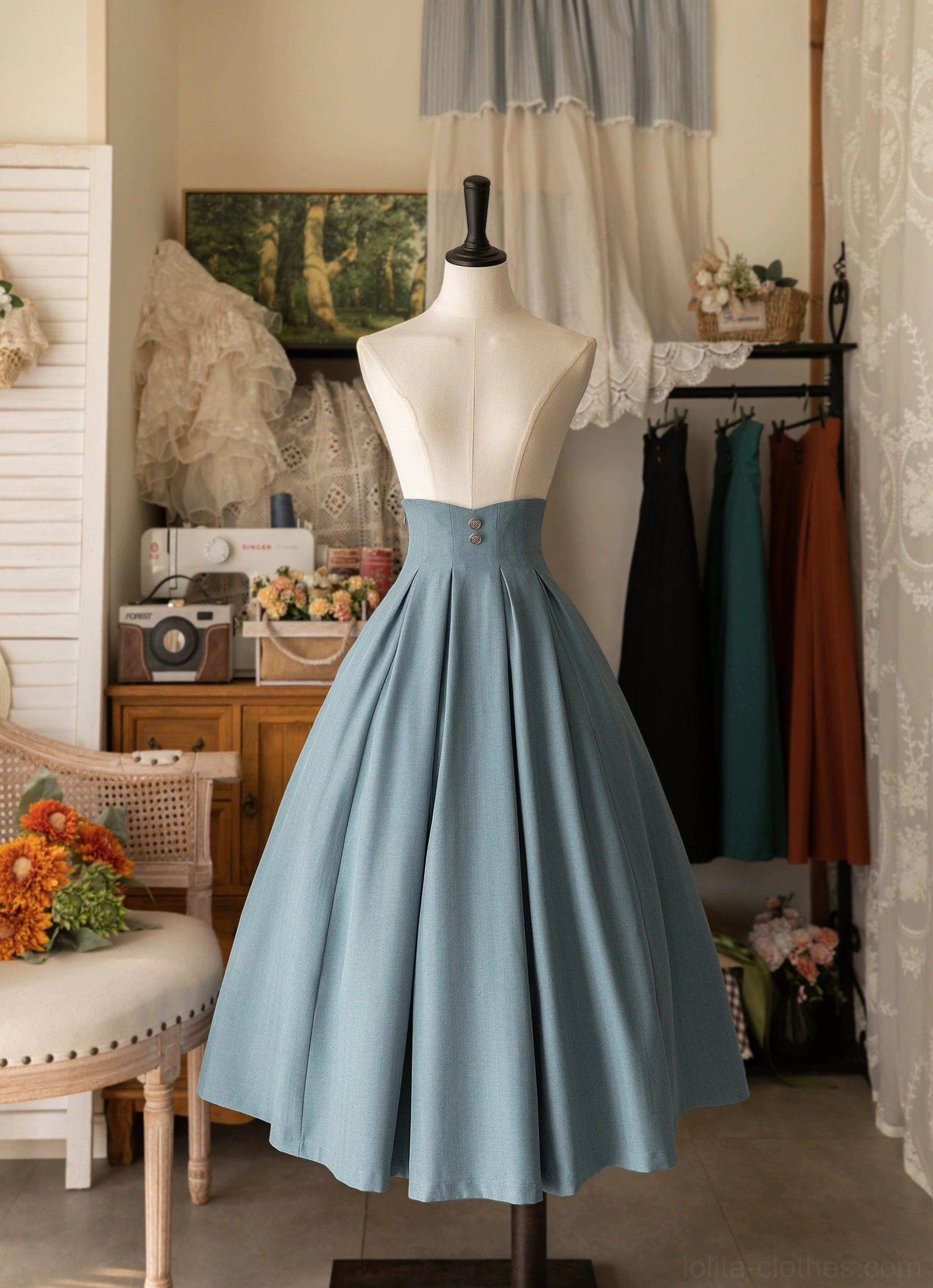 Lolita peacock green high-waist pleated skirt classic style full display front view forest woodland aesthetic