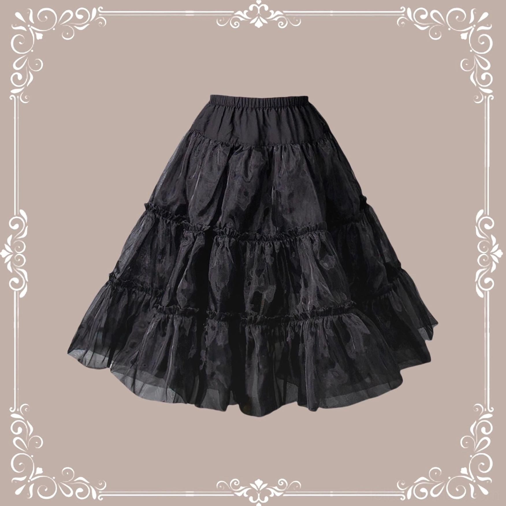 Solid black tiered Lolita petticoat flat lay showing tiered ruffled tulle silhouette elastic waistband pure black color full front shot