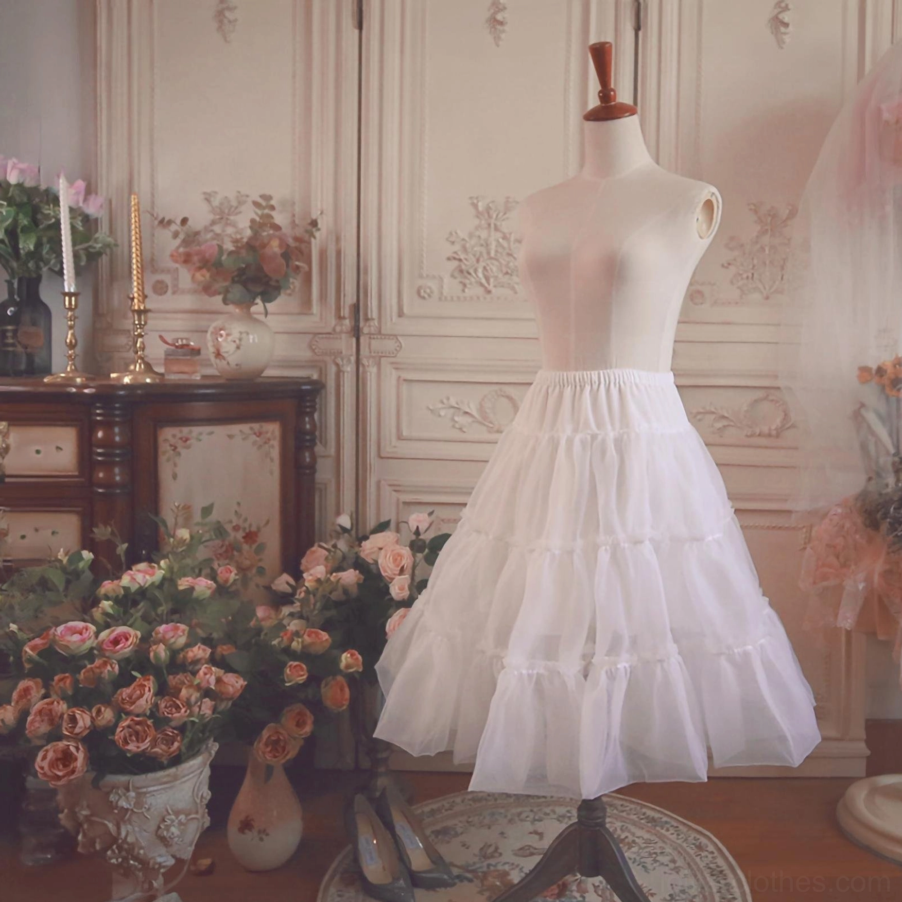 White Lolita petticoat three-quarter front view displaying smooth waistband layered fluffy tulle tiers full silhouette