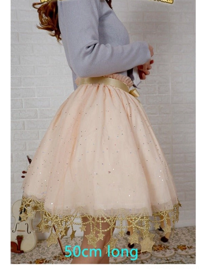 Lolita petticoat back view 50cm length with satin waist bow and gold star lace hem detail visible