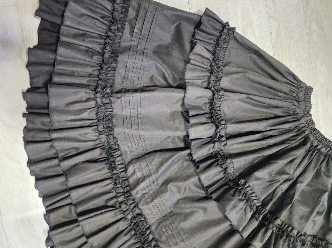Close-up detail shot of ruffled hem section showing gathered ruffle trims, pleated fabric panels, and intricate stitching on Lolita petticoat