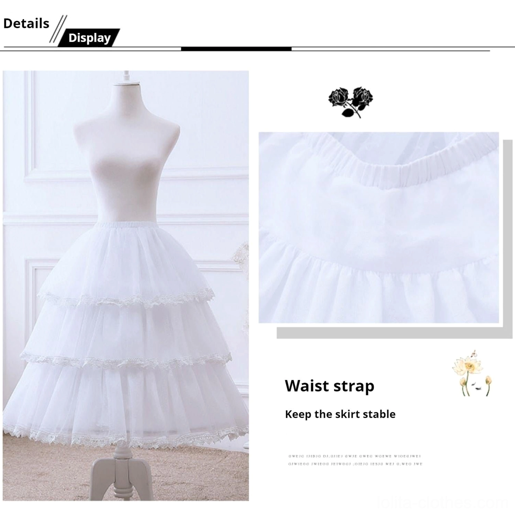 Lolita petticoat detail display two tier ruffled tulle adjustable waist strap stability feature
