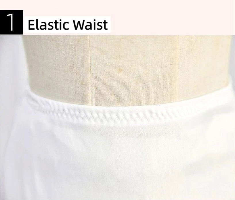 Close-up detail of elastic waistband on white Lolita petticoat showing durable stretch band with neat overlocked stitching