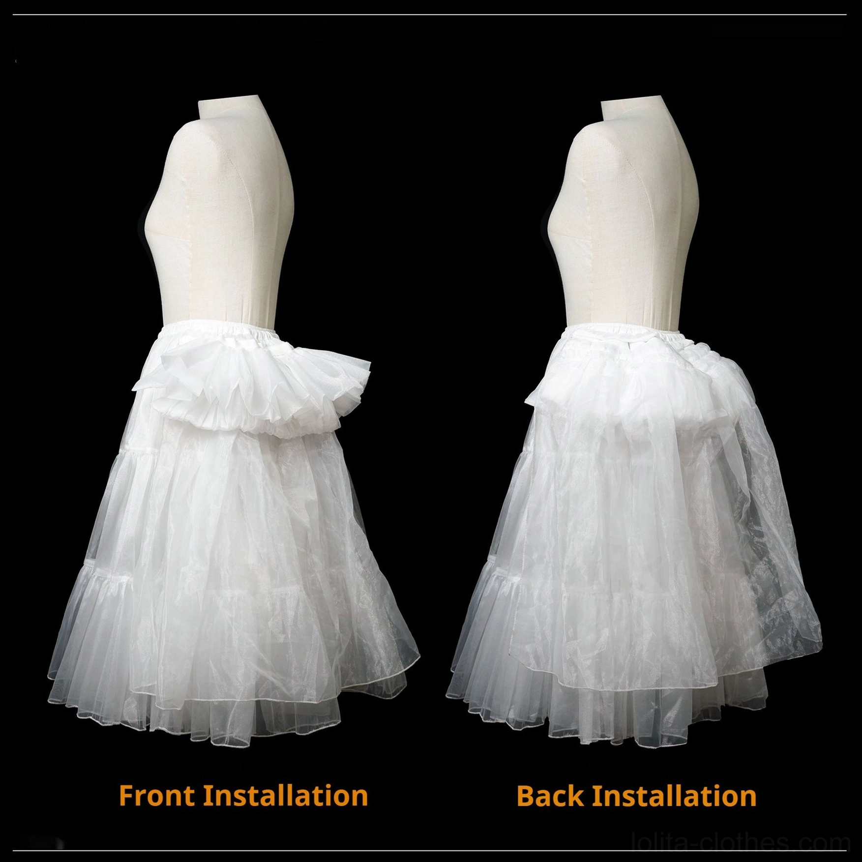 Lolita hip pad petticoat front back installation guide dress form display black background labeled diagram