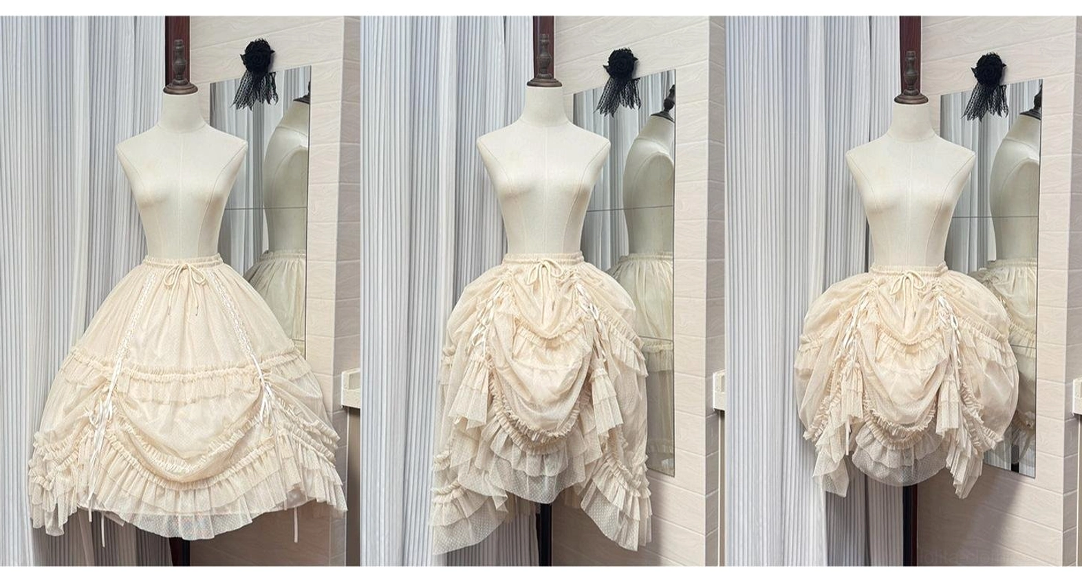 Set of three lolita petticoats in soft pastel and warm tones displayed together with drawstring waist system, ruffled hem layers on mannequins indoor showroom