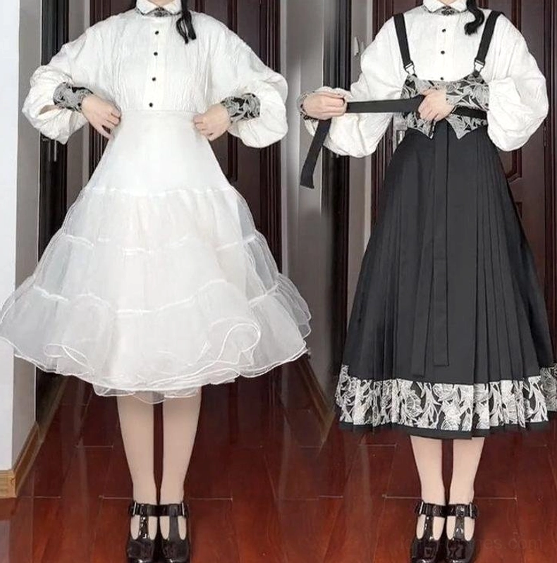 Wearing effect showcase of white puffy Lolita petticoat styled solo and paired with full Lolita outfit demonstrating volume transformation
