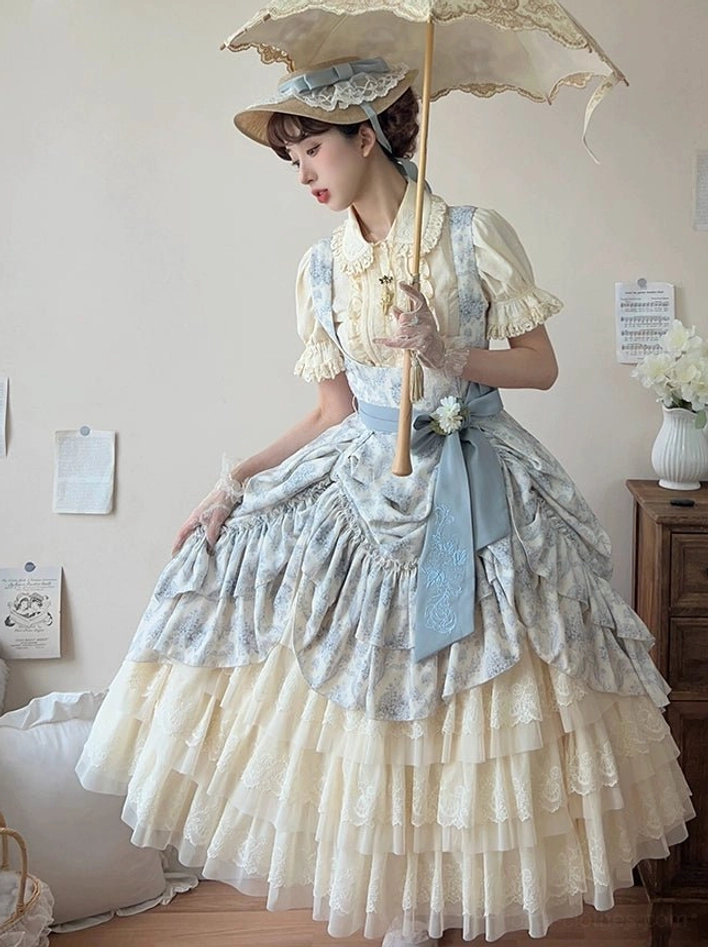 Classic lolita petticoat styling guide showing coordinate pairing suggestions with vintage lolita dress and accessories for tea party occasions