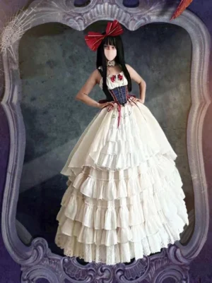 Two-tone lolita formal petticoat half-body front view with corset halter top and multi-layered ruffled skirt red bow details