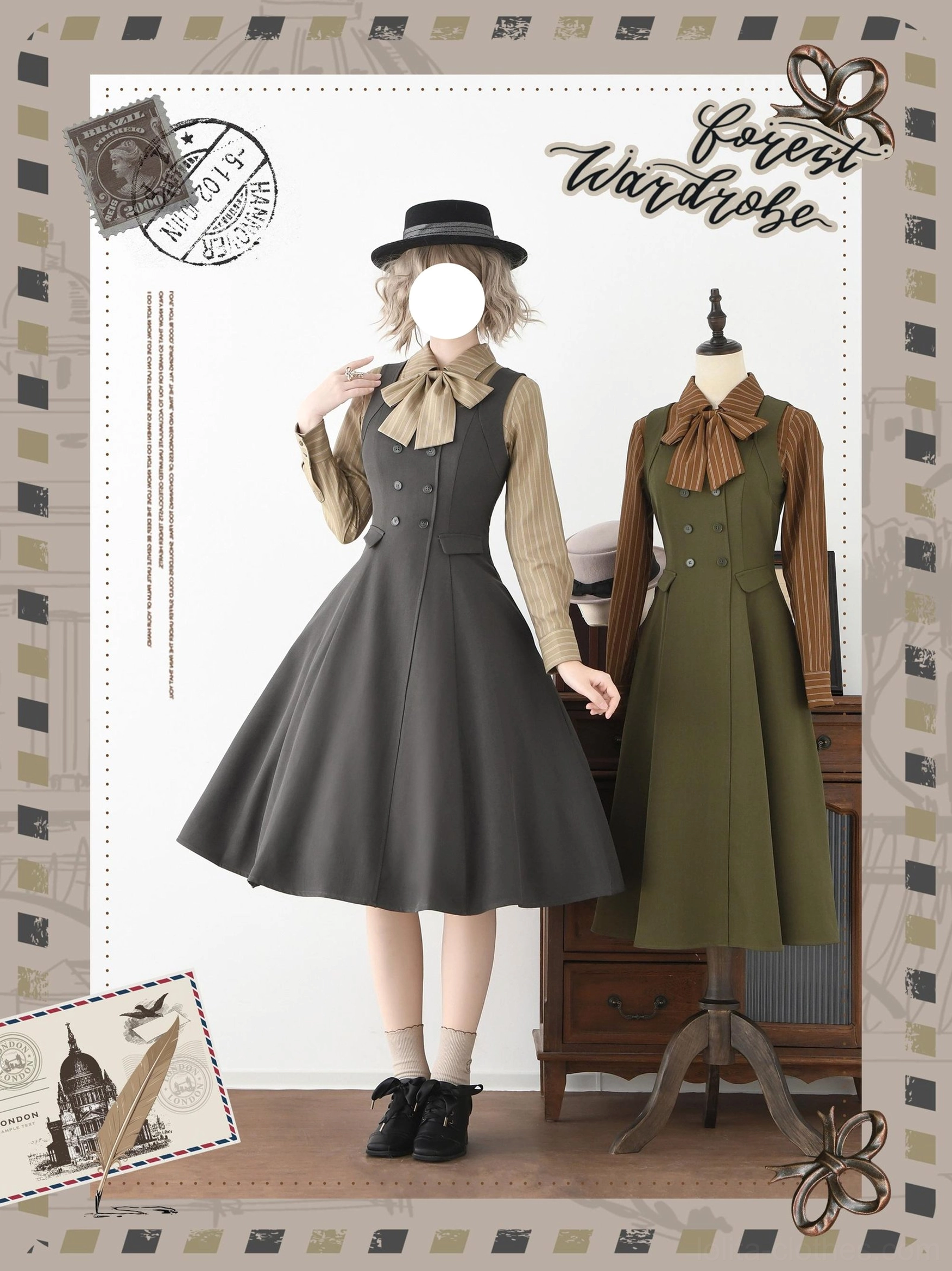 Full body model Lolita outfit dark gray pinafore dress and coordinating striped blouse, black fedora and leather loafers, vintage wardrobe studio