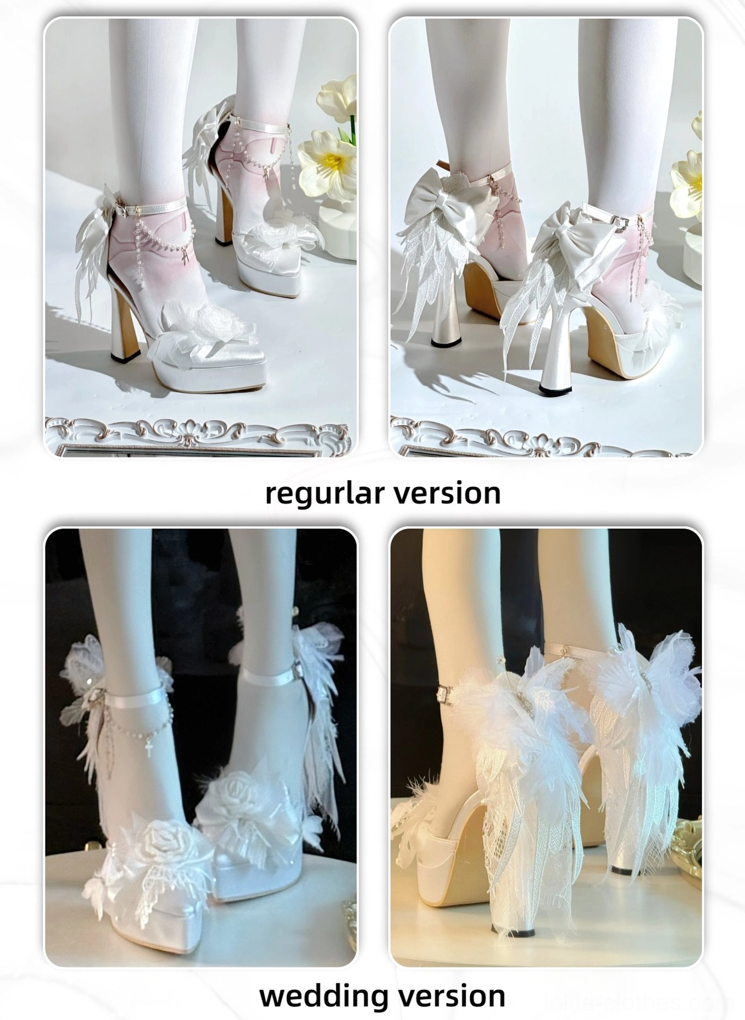 Lolita platform heel shoes showing adjustable ankle strap buckle mechanism, detachable pearl chain accessory options, and feather heel embellishment design detail