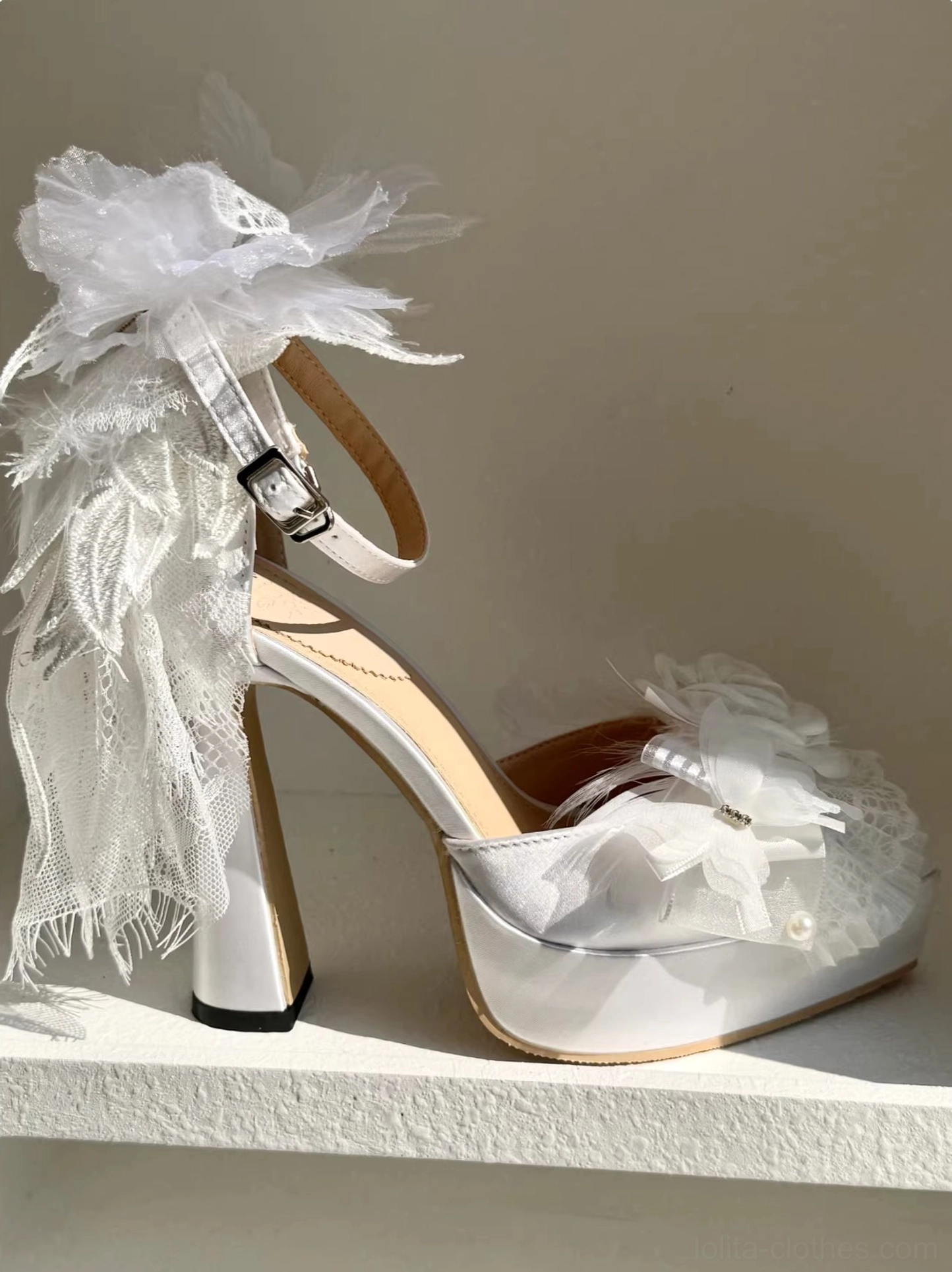Lolita platform heel shoes material composition detail showing premium satin upper, polyurethane insole cushioning, rubber outsole grip, hand-applied feather embellishments