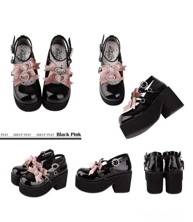 Lolita platform heel shoes close-up ankle strap lacing bow decoration detail low-angle leg view dark sweet lolita casual wear