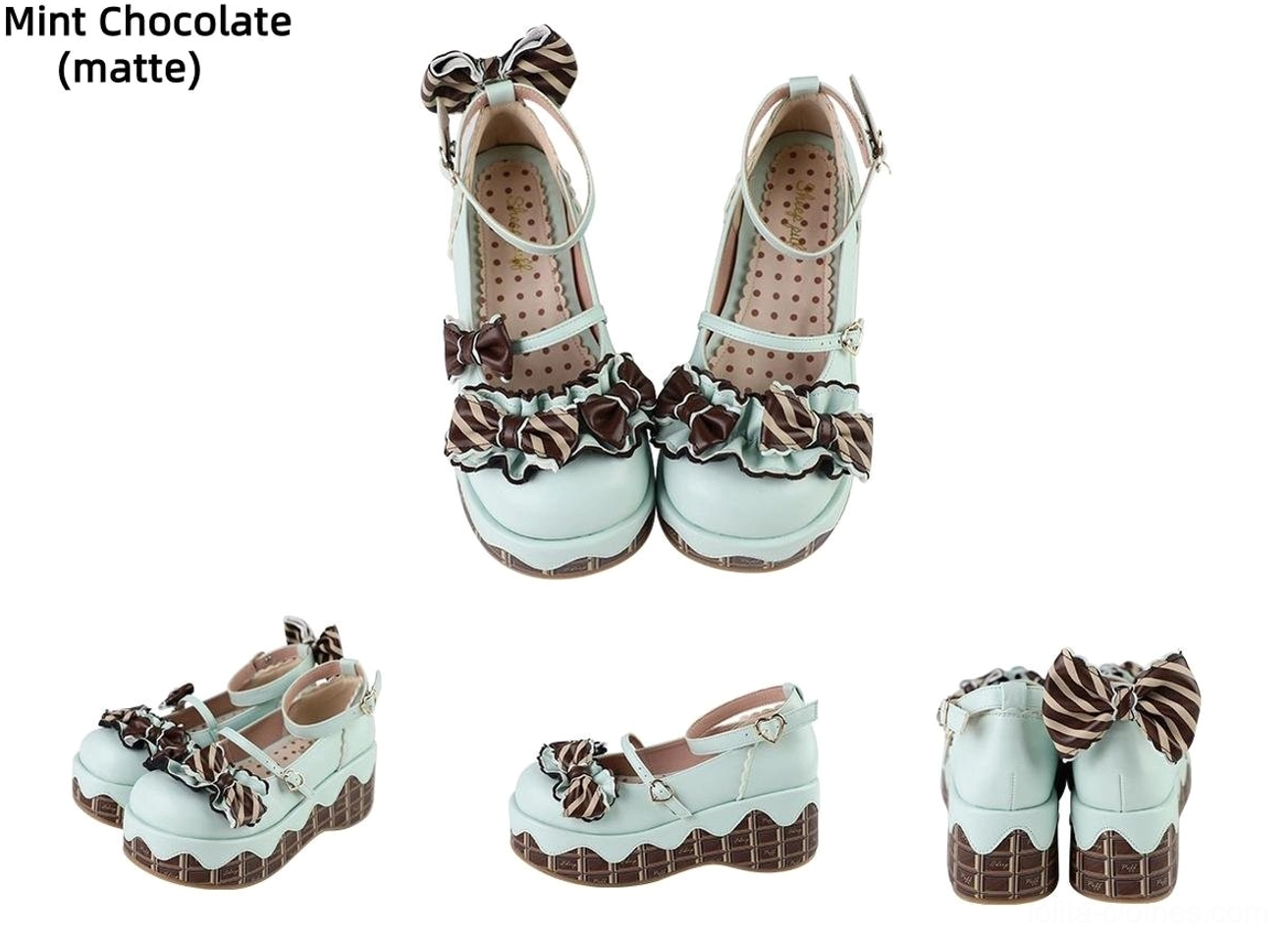 Sweet lolita platform shoes collection all colorways displayed showing strawberry chocolate vanilla chocolate options diversity