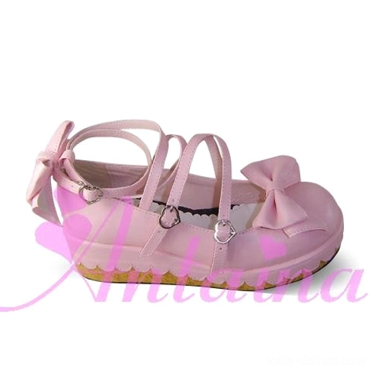Lolita platform shoes bow decoration detail close-up showing toe cap bow and heel strap bow designs, decorative stitching, and romantic aesthetic elements