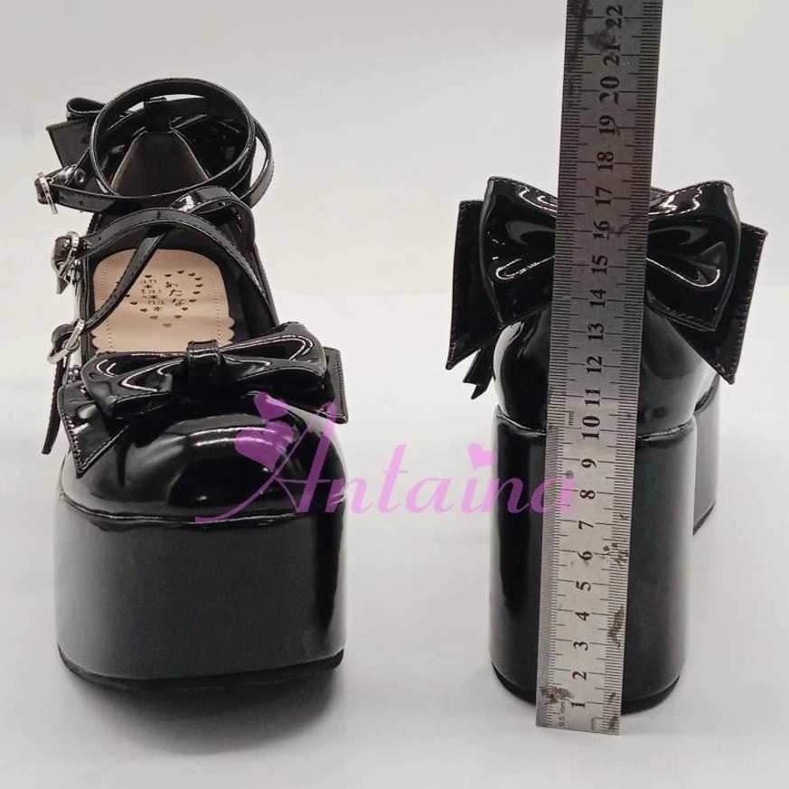 Lolita platform shoes styling inspiration for Classic Lolita coordinate featuring floor-length skirt, Victorian blouse, and black patent platform shoes with heart buckles