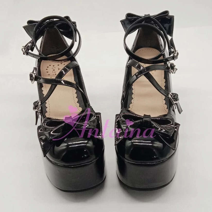 Complete Lolita platform shoe collection color swatches displaying all seven color variants including black matte, pink matte, red matte, black shining, and double color sole options