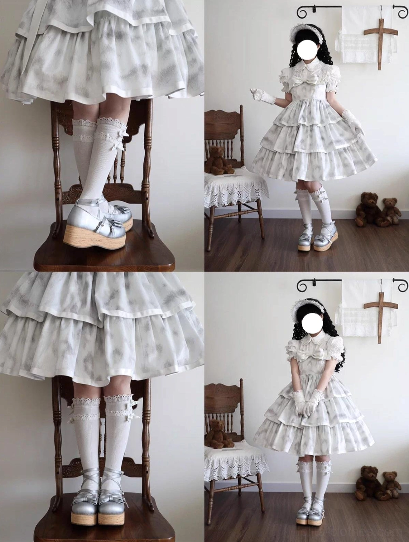 Full outfit styling showcase lolita platform shoes collage close up feet shots full body model photos vintage indoor wooden furniture cross wall decoration sweet aesthetic