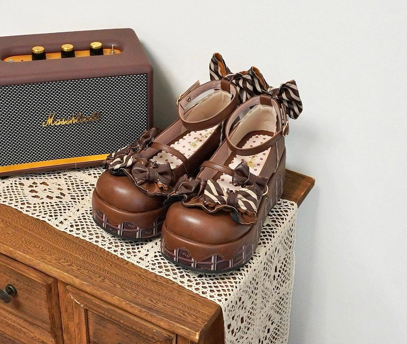 Lolita platform shoes full shoe side view showing overall silhouette design proportions and aesthetic appeal for sweet lolita fashion