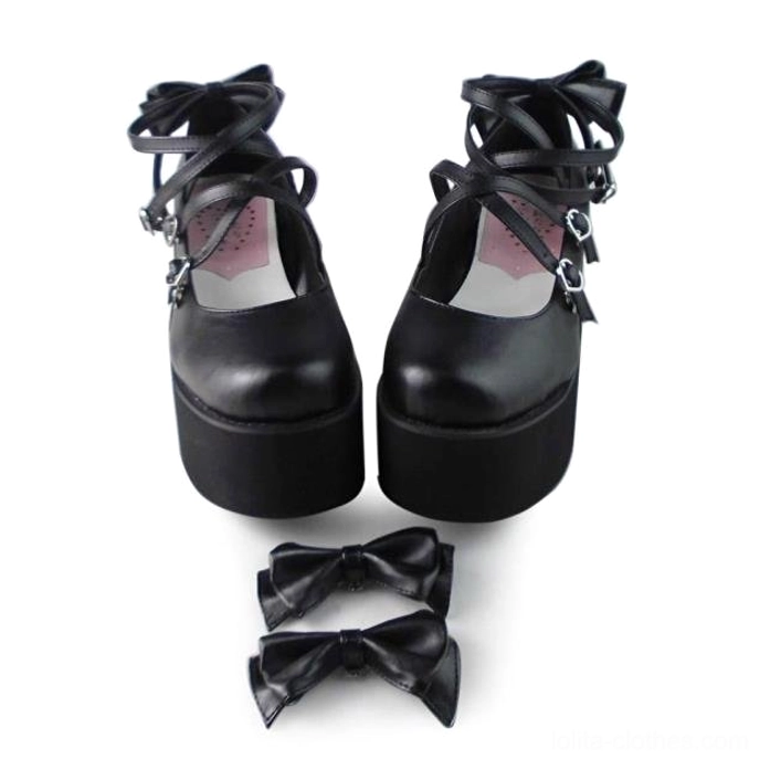 Lolita platform shoes styling for Gothic Lolita theme featuring black platform shoes with contrasting sole, dark coord palette, and moody aesthetic accessories ensemble