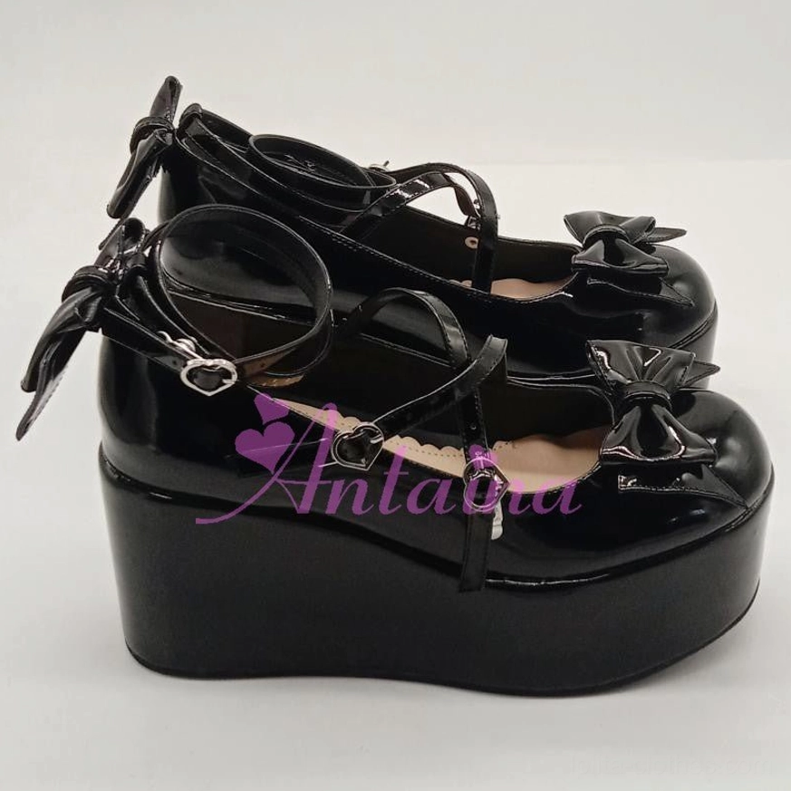Lolita platform shoes heel height comparison chart showing various styles with back heel measurements from 7cm to 12cm and front heel variations from 3cm to 8cm
