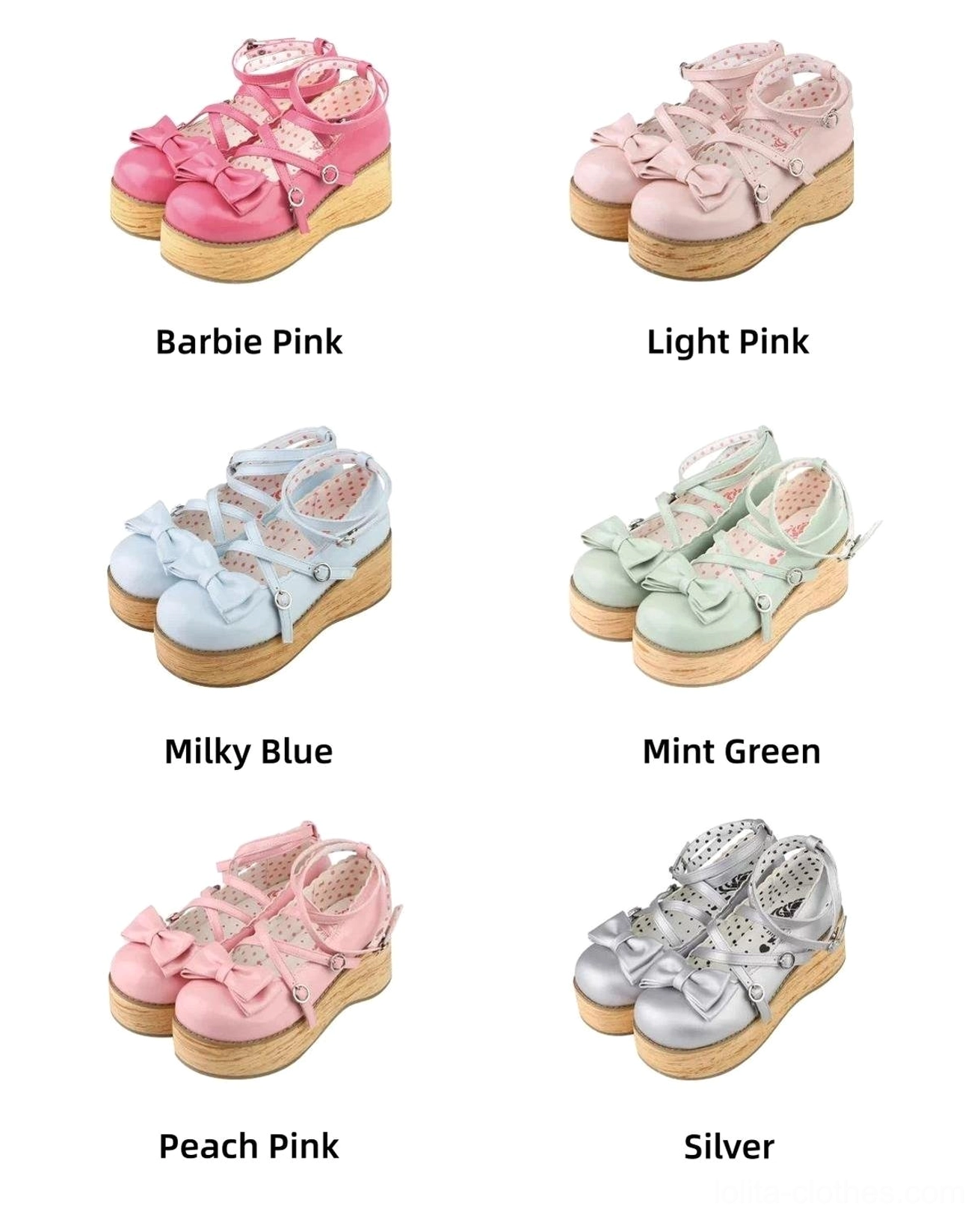 Lolita platform shoes heel profile comparison front back heel height 1.4 inches 2.4 inches wooden platform thick sole side perspective product photography