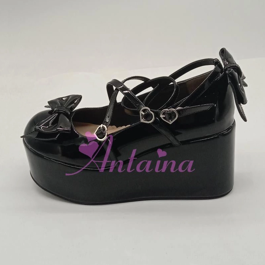 Lolita platform shoes size chart conversion table displaying Chinese sizes 34-47 with corresponding US women's, EU, UK sizes and foot length measurements in centimeters and inches