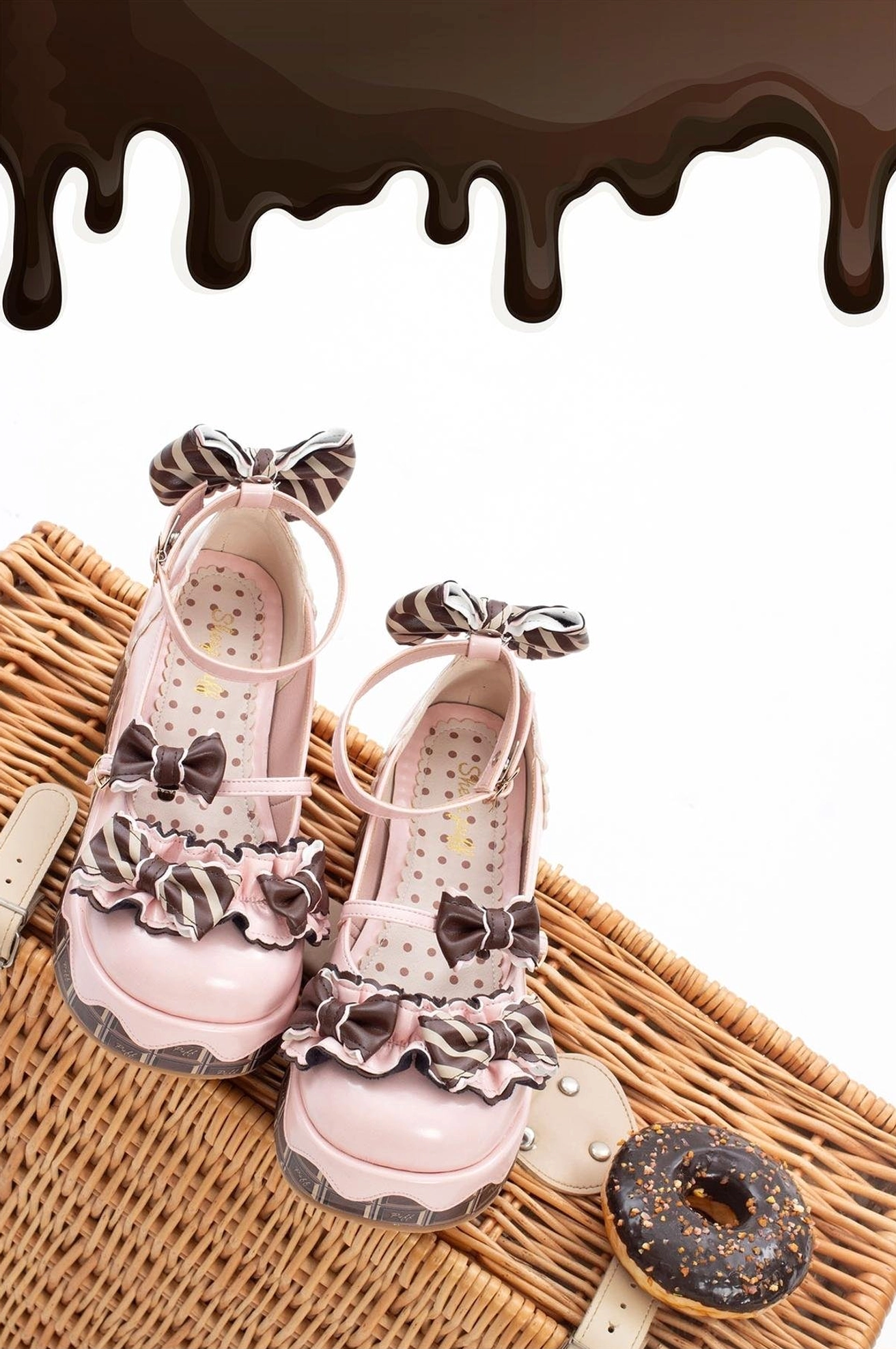 Pink and light pink lolita platform shoes with ruffled bow decorations polka dot insole and chocolate-striped thick sole flatlay with wicker mat and donut prop