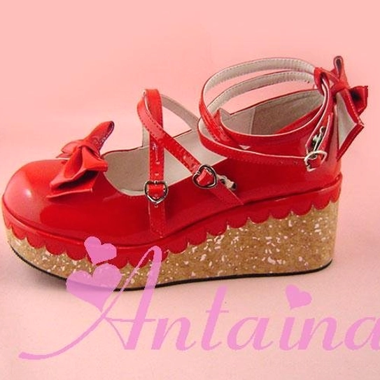 Lolita platform shoes PU material texture showing polyurethane finish quality, glossy matte variants, durability characteristics, and material authenticity
