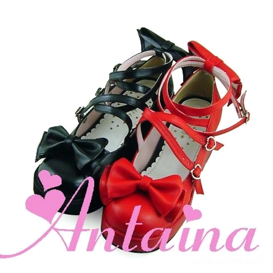 Lolita platform shoes sloping heel detail showing anatomical heel design, support structure, ergonomic slope angle, and heel height variation by color option