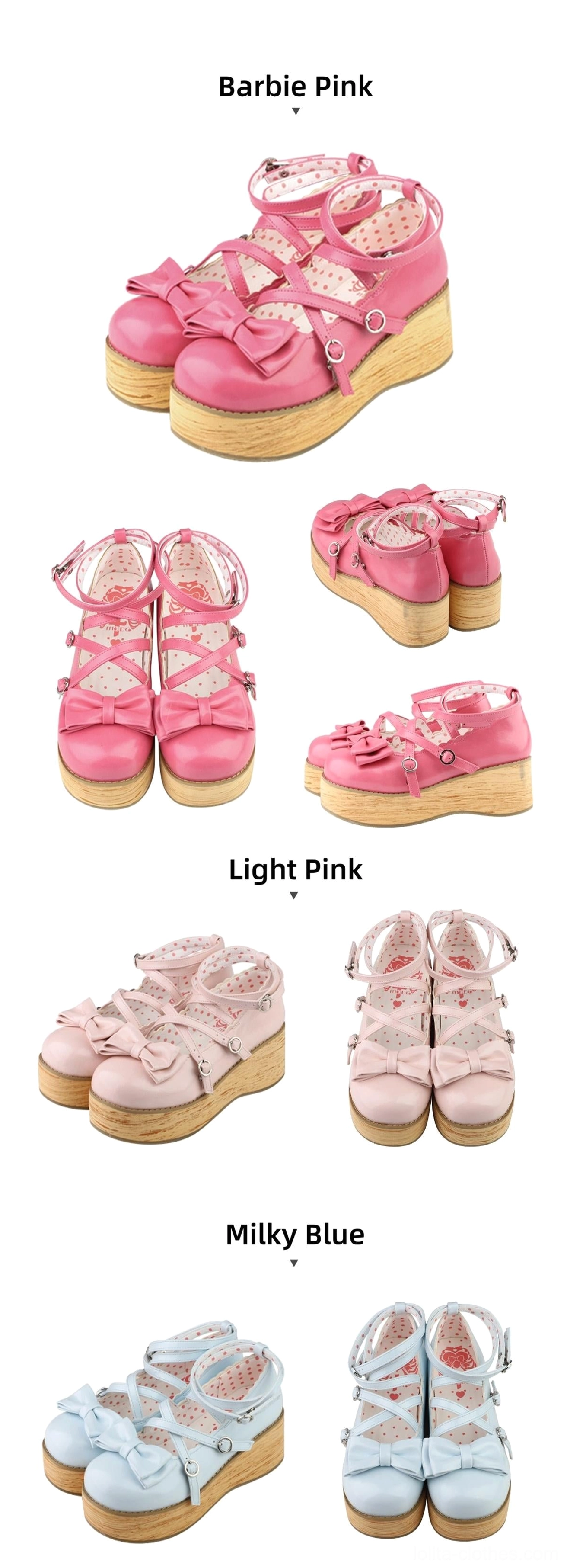 Individual color sorted lolita platform shoes display centered flat lay barbie pink light pink peach pink milky blue bow cross strap wooden platform round toe