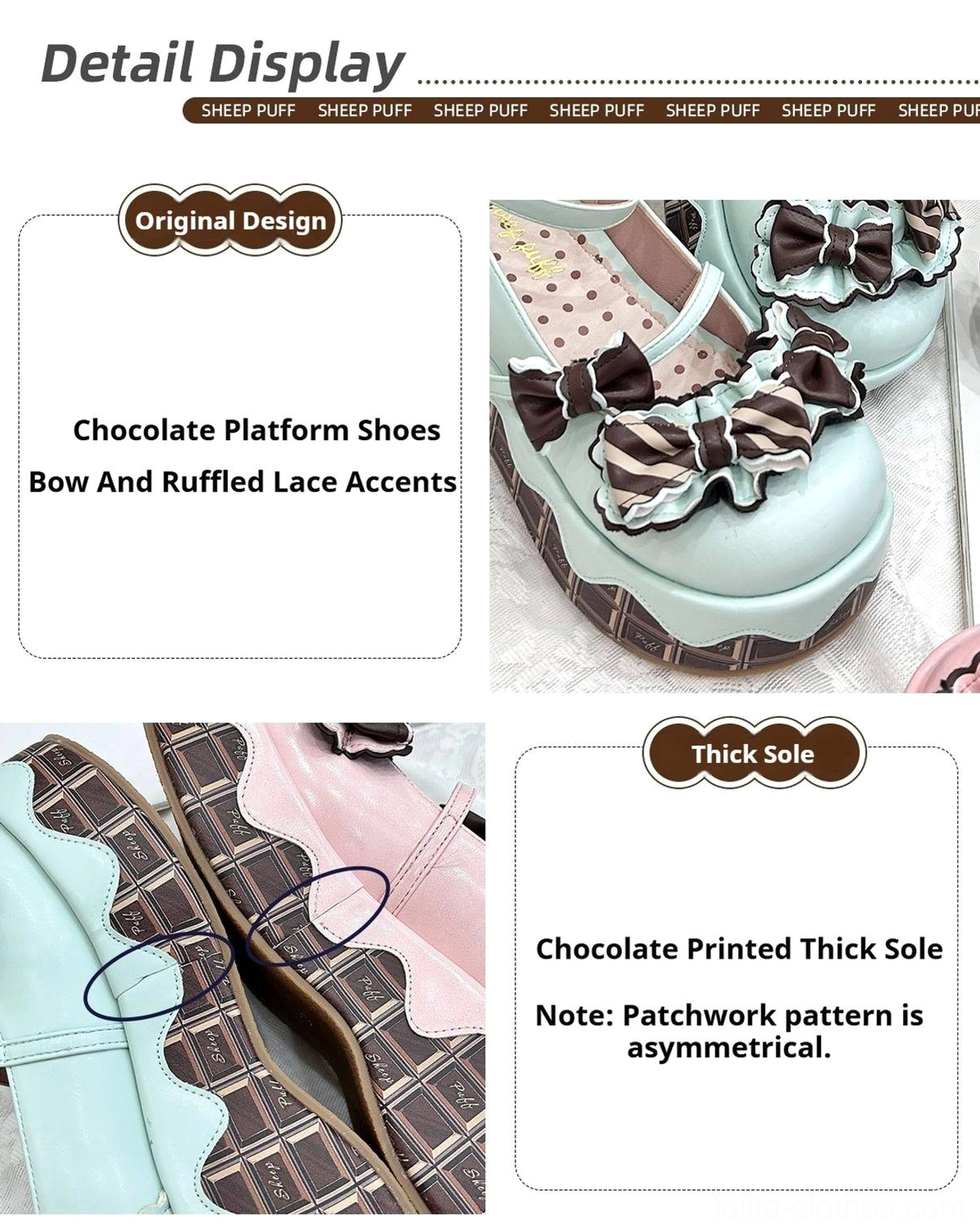 Lolita platform shoes whimsical sweet aesthetic detail view showing chocolate pattern bow embellishments and confectionery-themed design elements