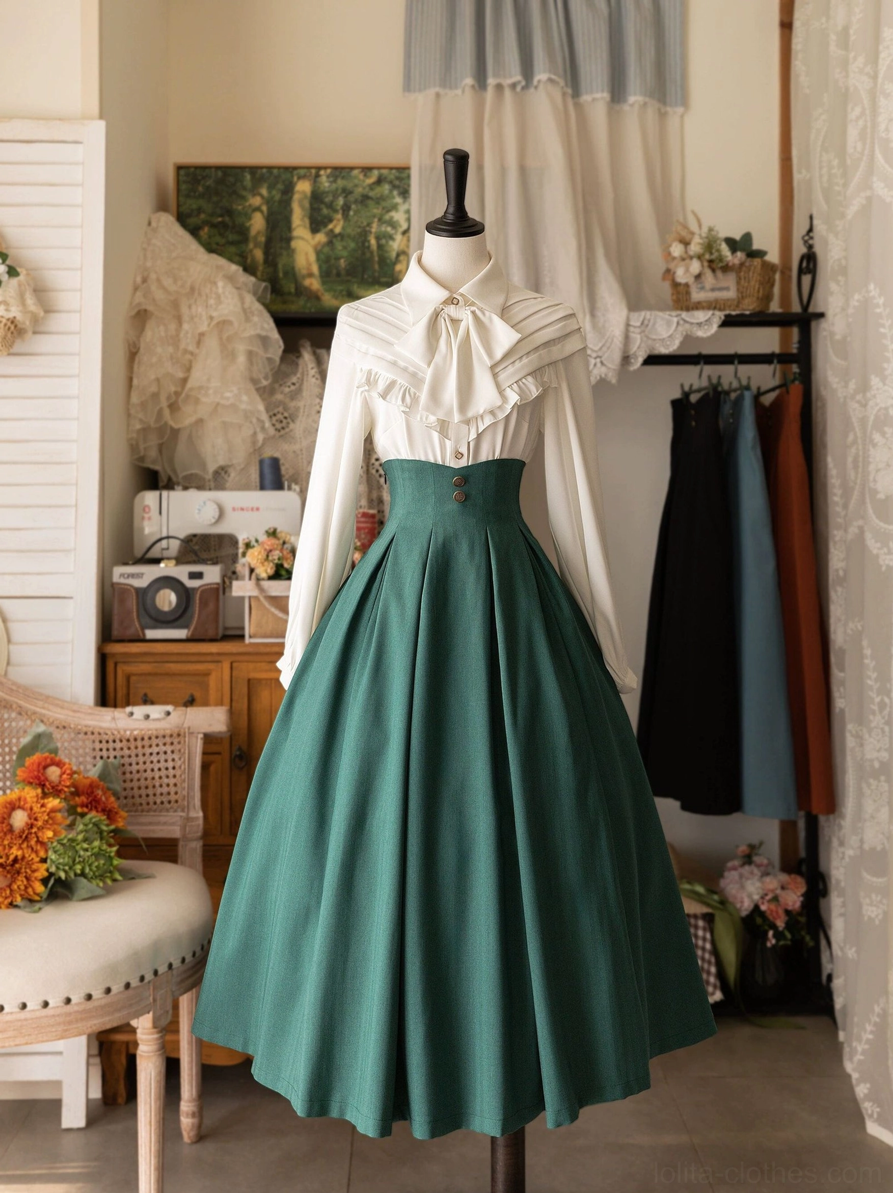 Lolita pleated skirt teal color with white ruffled blouse bow necktie romantic classic lolita ensemble