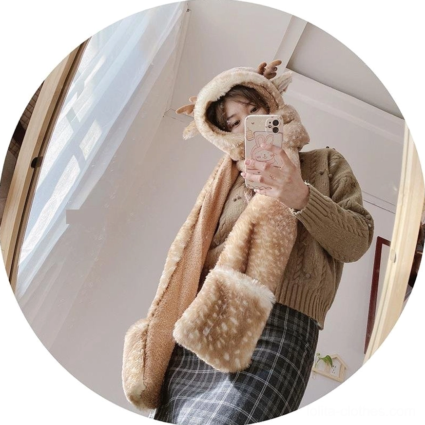 Side-angle mirror selfie wearing lolita plush 3-in-1 winter set with deer antler design, fawn spotted fleece material, attached hand warmer pockets, indoors with doorway background