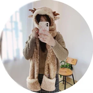 Lolita deer antler plush hat scarf gloves set 3-in-1, tan spotted fleece material, integrated animal ear hood design worn in bedroom mirror reflection with wooden furniture background