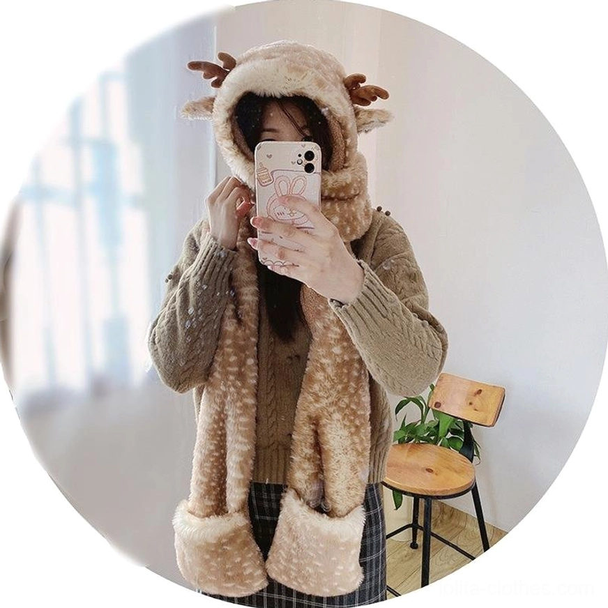 Lolita deer antler plush hat scarf gloves set 3-in-1, tan spotted fleece material, integrated animal ear hood design worn in bedroom mirror reflection with wooden furniture background
