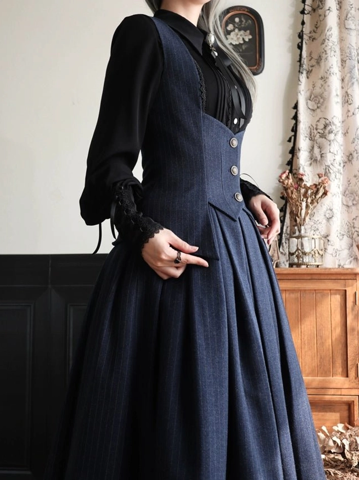 Vintage ice silk pointed collar Lolita blouse detail shot showing ruffled cuffs, pleated placket, and lace trim embellishments, close-up photography highlighting garment craftsmanship and fabric quality