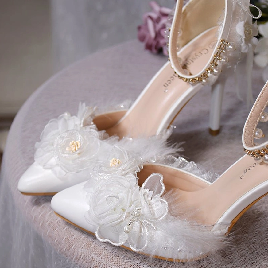 Lolita pointed toe high heels pearl embellished bow front vamp gold edge detail handcrafted bridal wedding footwear
