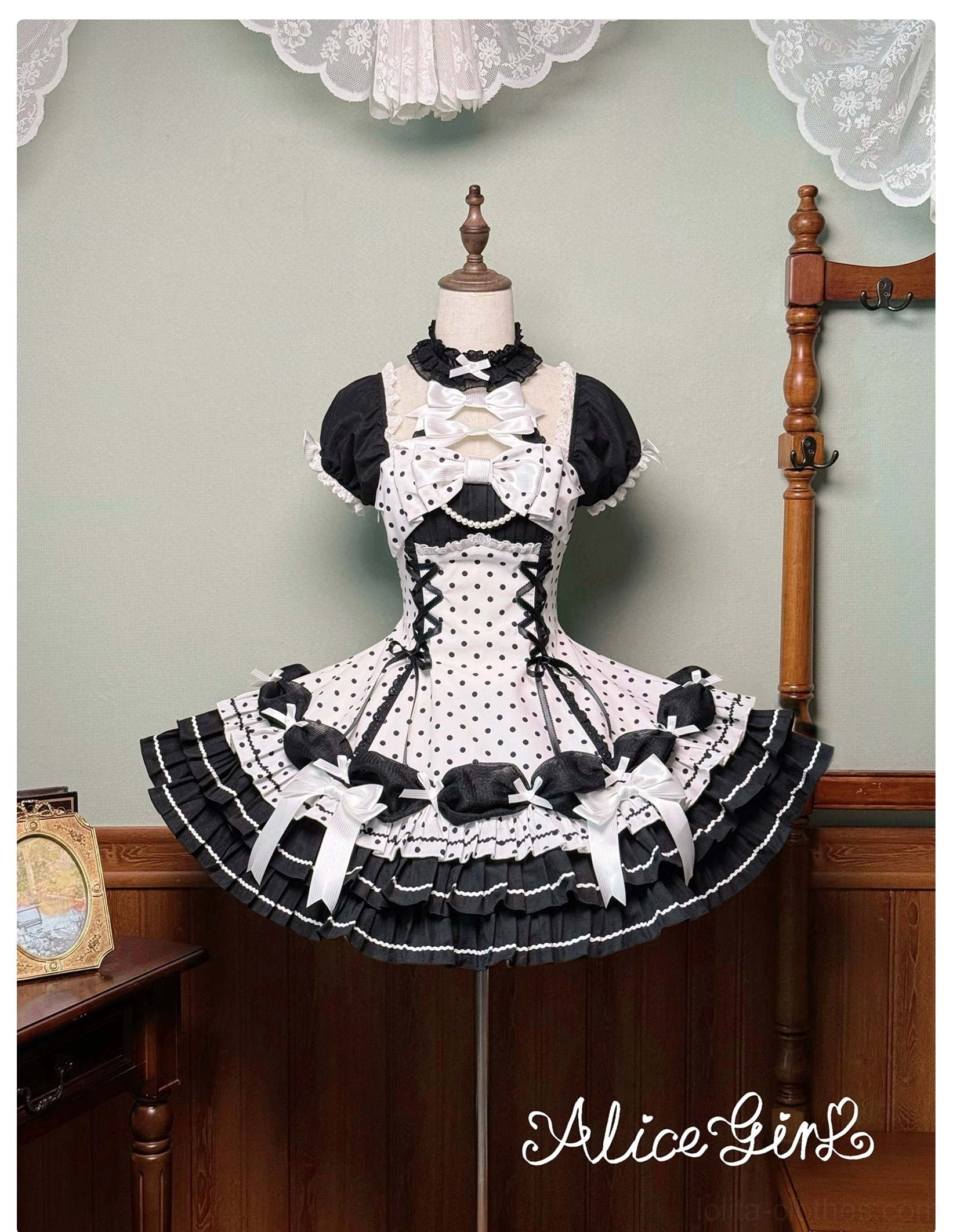 Old School Lolita polka dot dress white variant back view showing back bow and skirt volume
