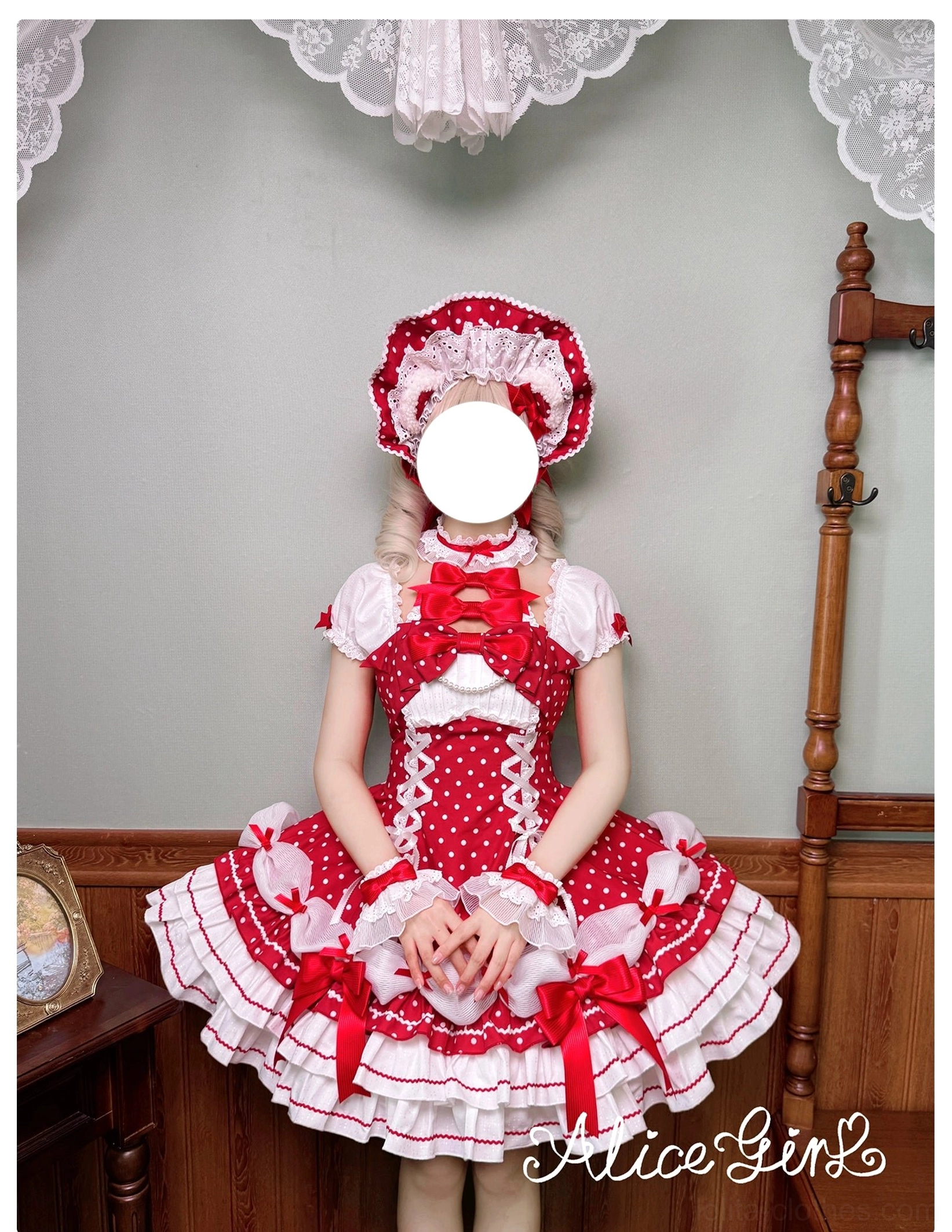 Lolita polka dot OP dress color variant in pink showing front full length view with polka dot pattern clarity