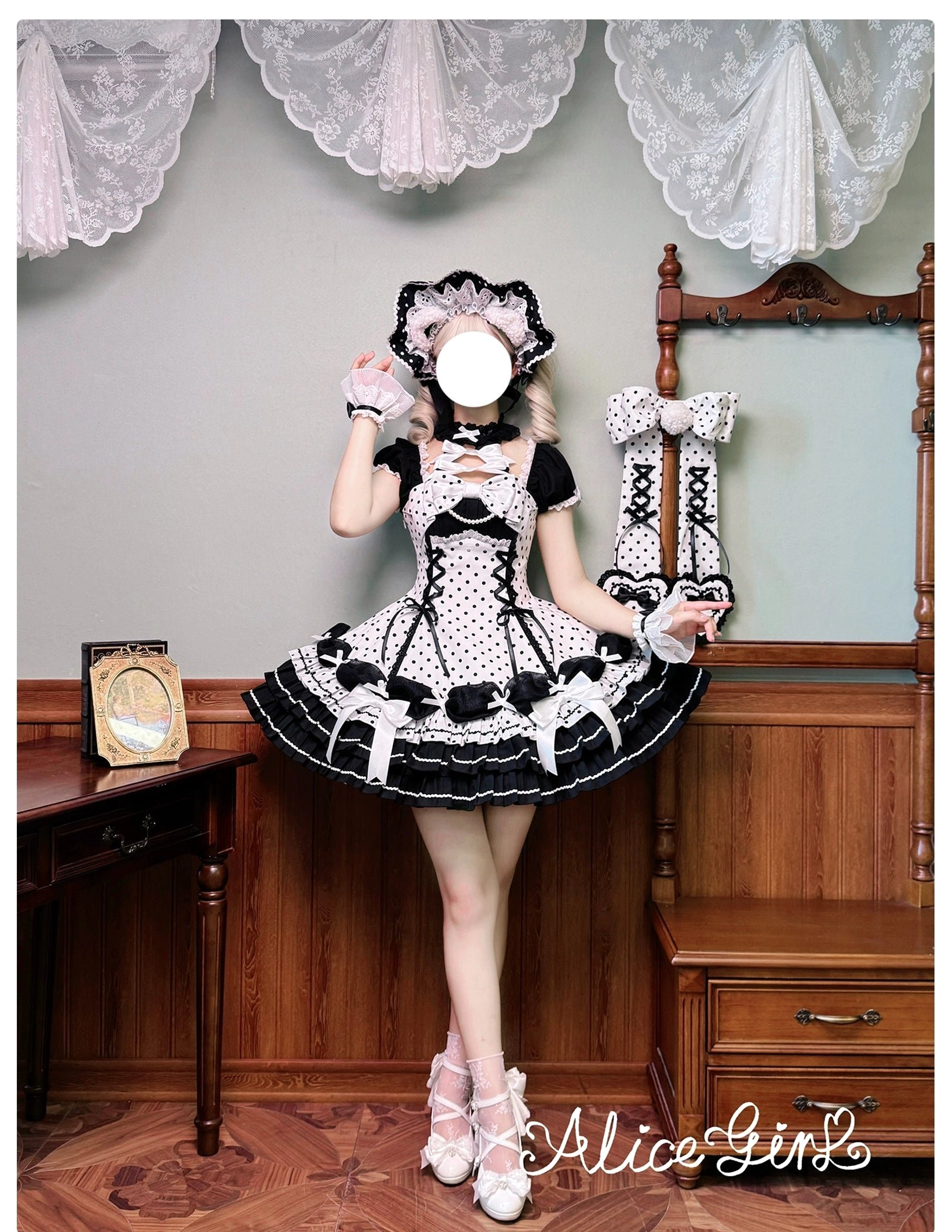 Old School Lolita polka dot OP dress red variant showing vibrant color and polka dot pattern clarity front view