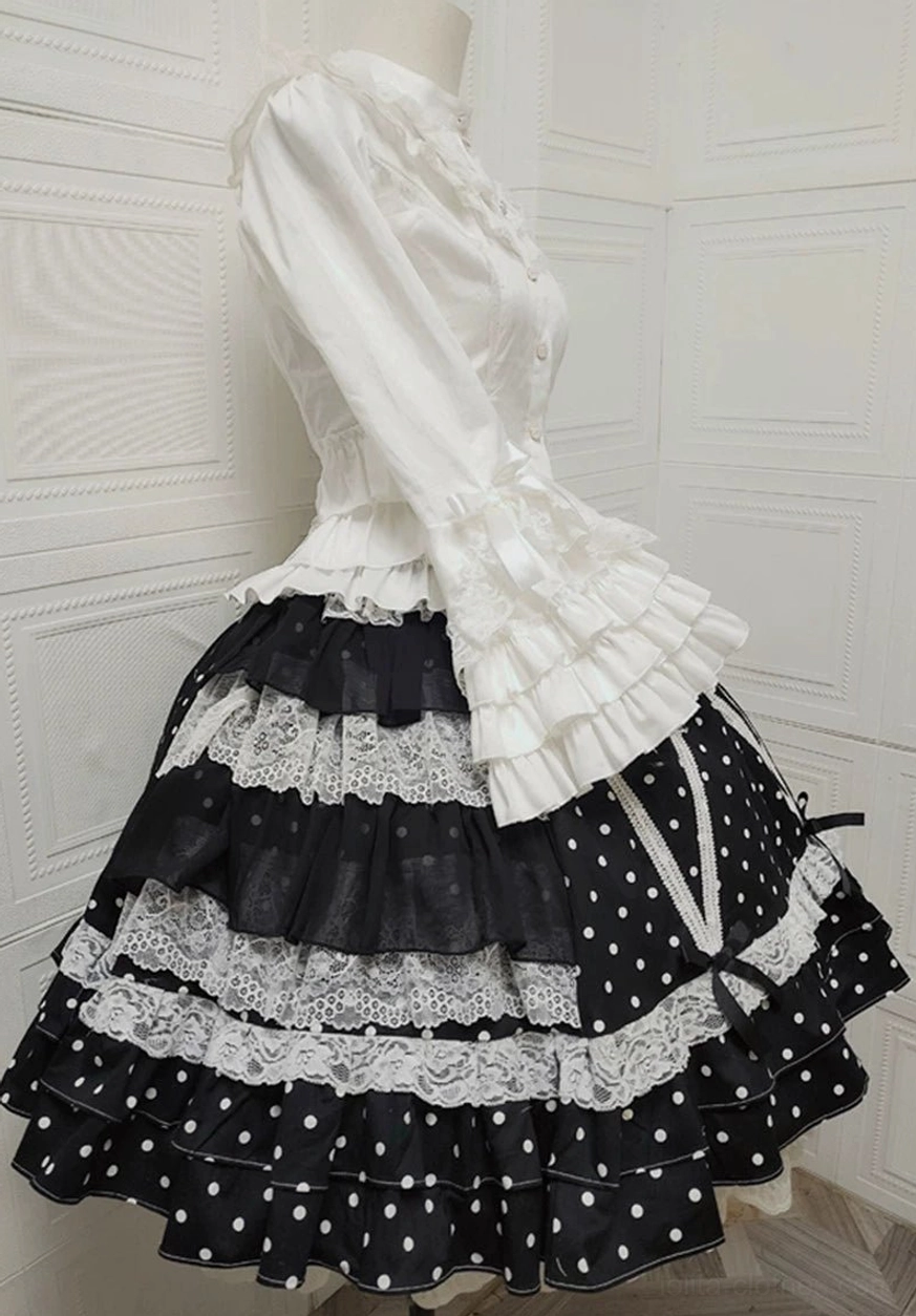 Black and white polka dot Lolita skirt white bell sleeve ruffled blouse back view side angle