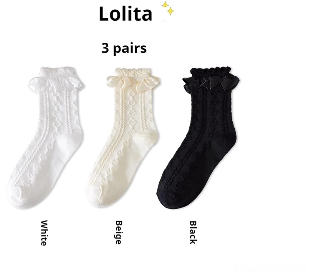 Three-pair Sweet Lolita princess mid-calf socks set with white beige black colors featuring twisted knit and ruffled lace cuffs