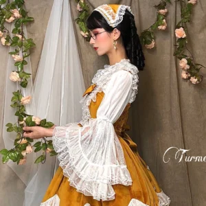 Lolita princess sleeve blouse side profile showcasing elegant sleeve construction and lace cuff details with vintage backdrop