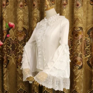 White lolita elegant blouse left side view tiered lace bell sleeves front lace decoration panel dress form vintage background