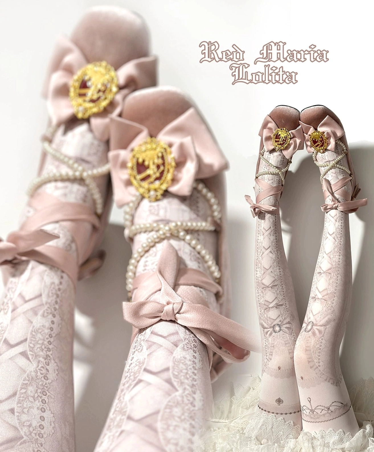 Close-up front view of model wearing light pink digitally printed lolita pantyhose paired with pink pearl-bow mary jane shoes, showcasing subtle floral lace print and elegant pearl gold flower shoe decorations