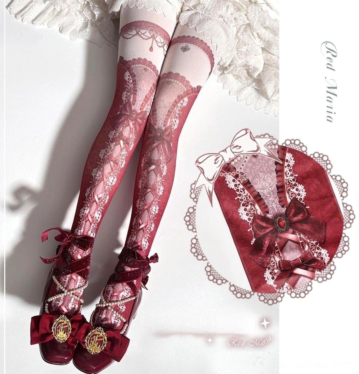 Model wearing retro red digitally printed lolita pantyhose with delicate bow and criss-cross lace-up design, paired with ornate lolita mary jane shoes and white frilly skirt, overhead view