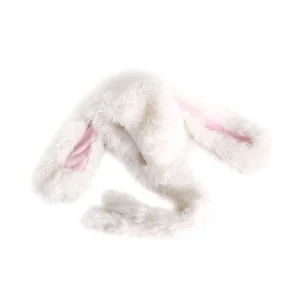 Soft plush rabbit ear hat with draped scarf extensions showing fluffy texture and pink inner ear details in side flat lay view