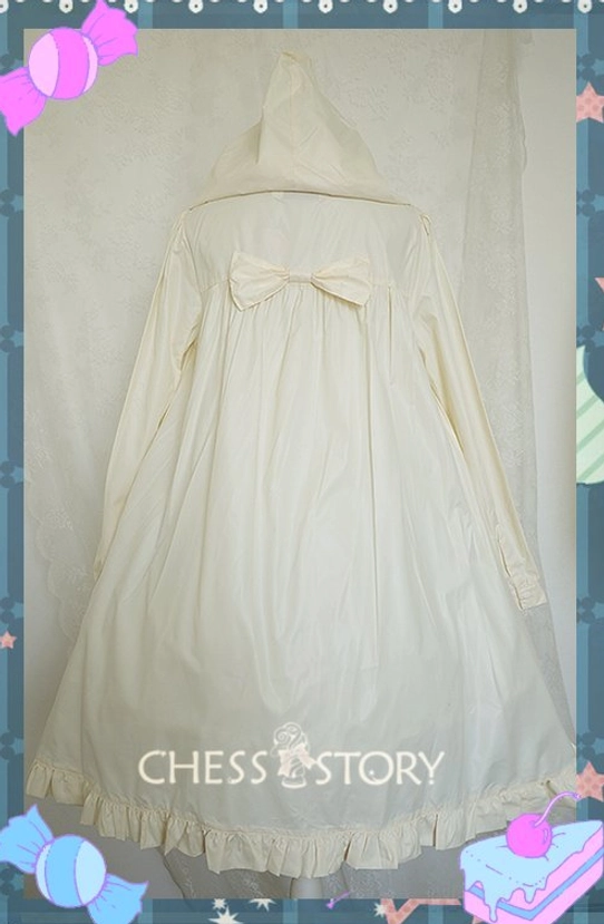 Full back view cream Lolita raincoat on mannequin displaying large fabric bow upper back ruffled hem attached hood and loose fit